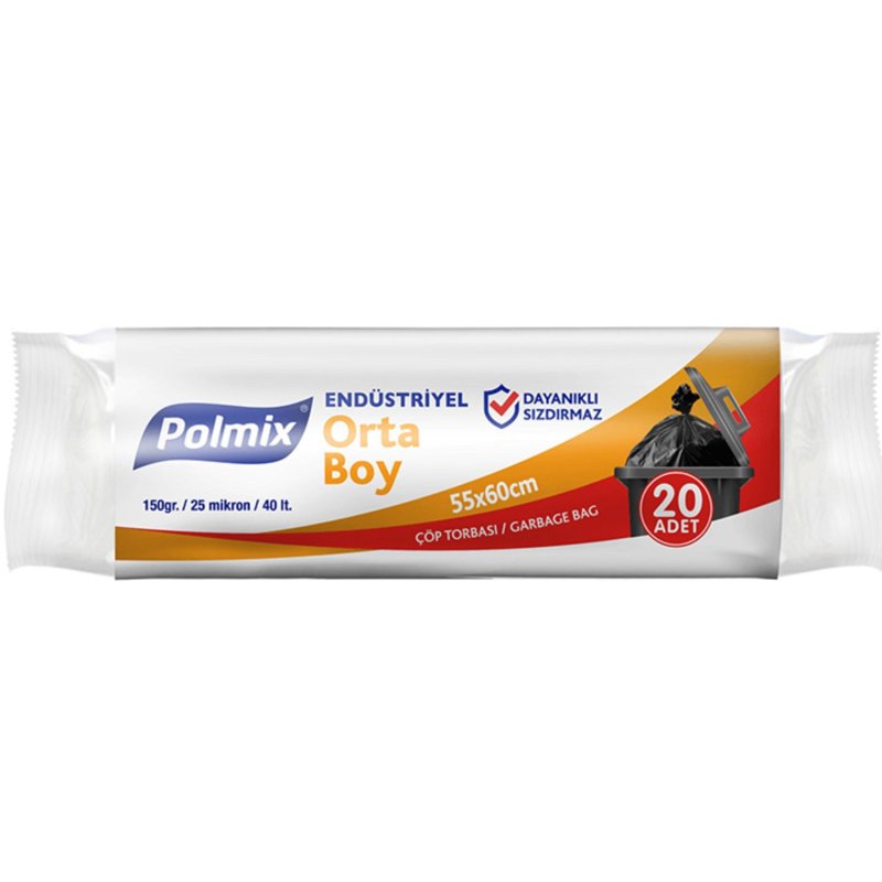 POLMİX ORTA BOY ÇÖP TORBASI 55*60 160 GR 27 MİKRON 40 LT 20 Lİ KOLİ:25 AD